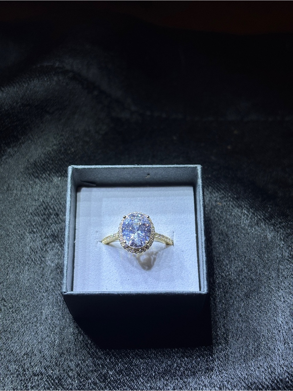 Yellow Gold AAA CZ Oval-Cut Halo Solitaire Ring Size 7 - Picture 4 of 15
